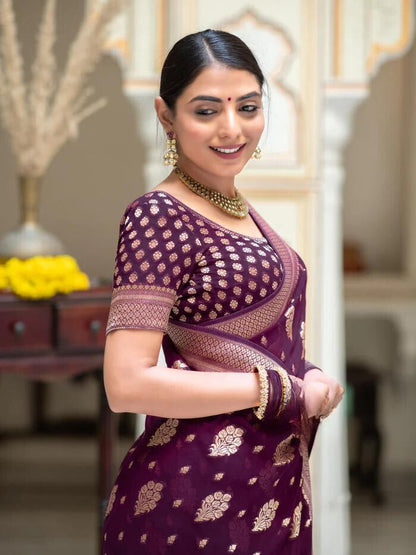 Wine Jacquard Work Banarasi Silk Saree