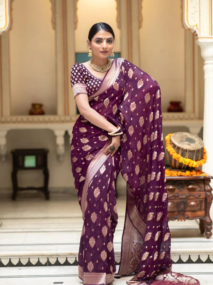 Wine Jacquard Work Banarasi Silk Saree