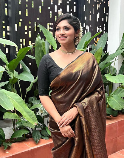 Black Golden Butti Soft Banarasi Silk Saree With Attached Blouse - ABHA