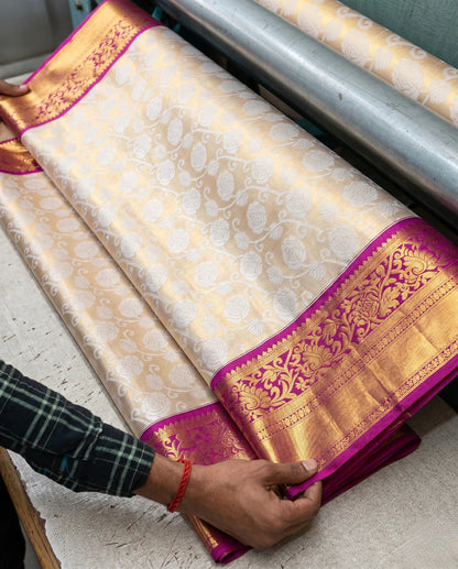 Sarita - Cream Gold Floral Pink Border Kanchipuram Silk Saree