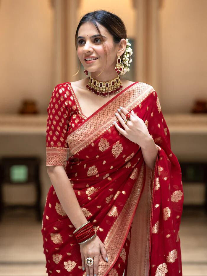 Scarlet Red Banarasi Soft Silk Saree