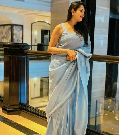 Ladies Sky Blue Color Soft Lichi Silk Saree