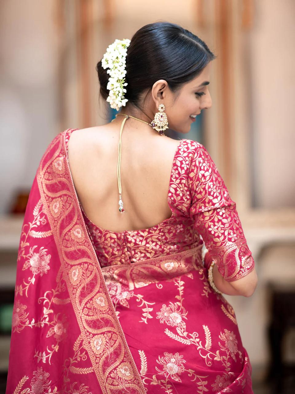 Hema RubyPink Banarasi Silk Saree WIth Fabulouse Blouse Piece