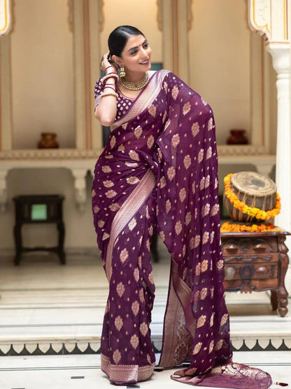 Wine Jacquard Work Banarasi Silk Saree