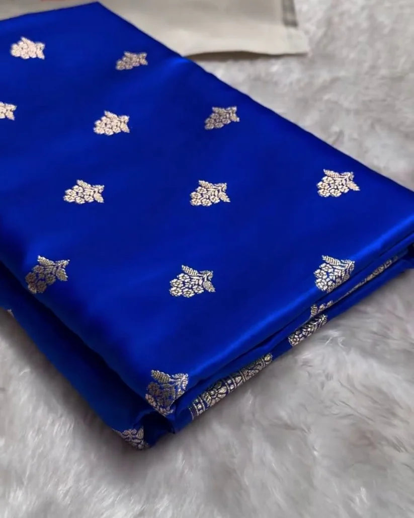 Aarika - Royal Blue Katan Silk Saree with Zari Floral Booti and Traditional Border