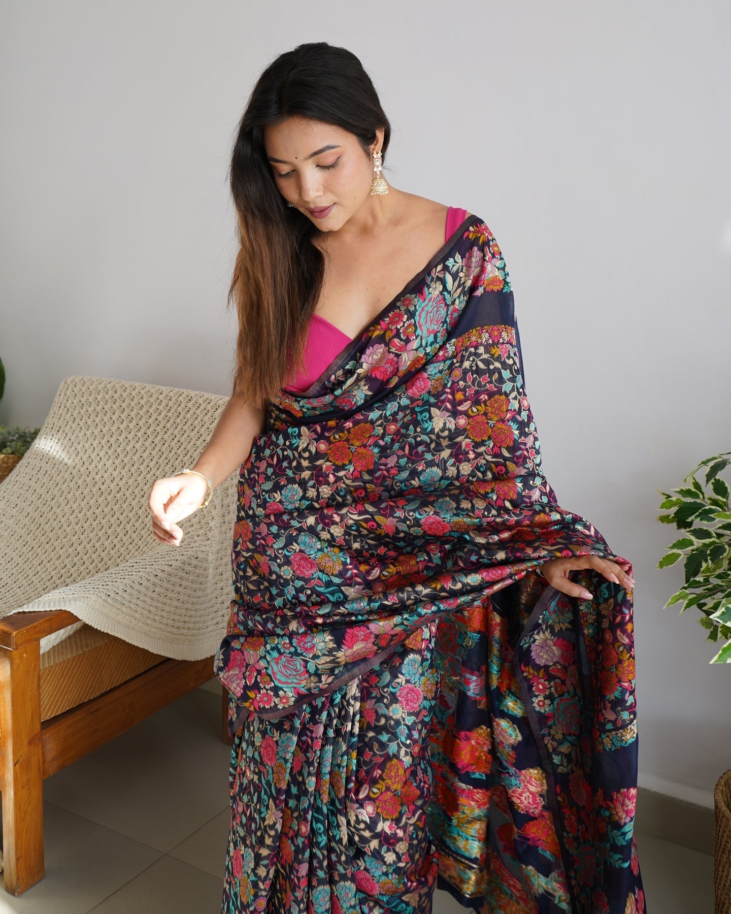Pretty Navy Blue Pashmina saree With Amazing Blouse Piece