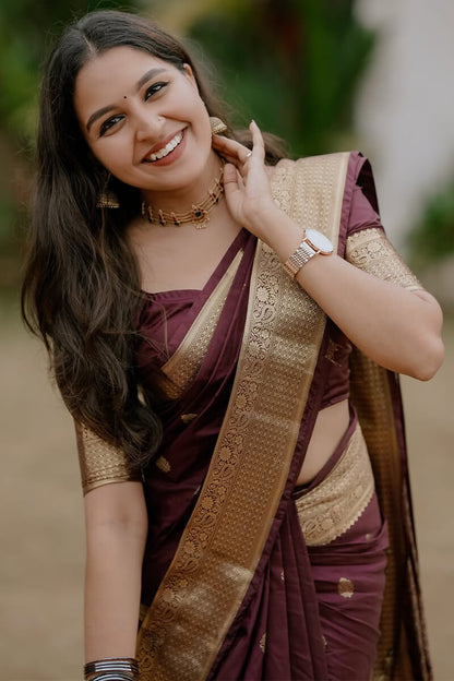 Glorious Wine Soft Silk Saree With Desirable Blouse Piece