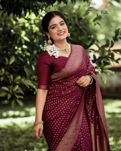 Adorable Wine Soft Silk Saree With Gratifying Blouse Piece