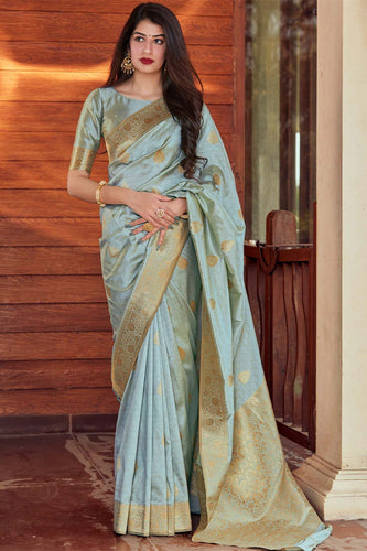 Beauteous Grey Soft Silk Saree With Imbrication Blouse Piece