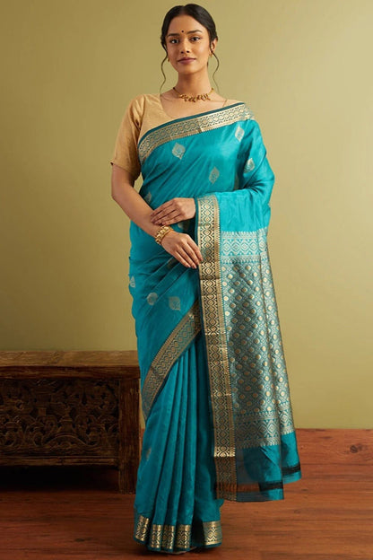 Alluring Firozi Soft Silk Saree With Classy Blouse Piece