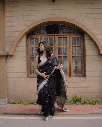 Assemblage Black Soft Silk Saree With Ebullience Blouse Piece