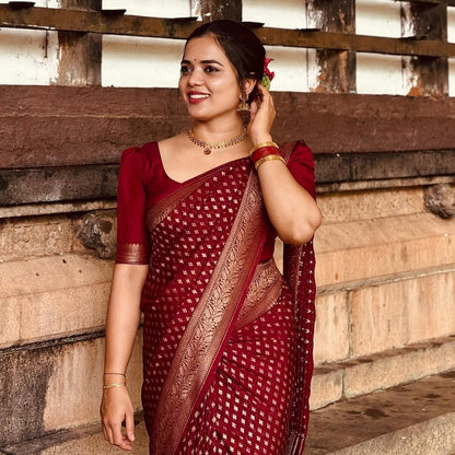Lovely Wine Soft Silk Saree With Outstanding Blouse Piece