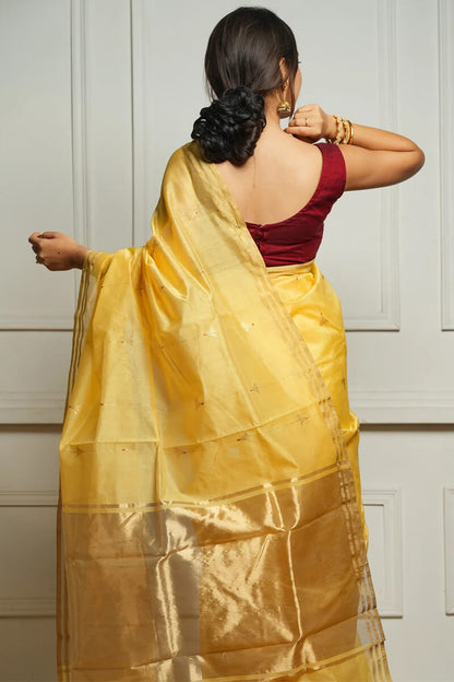 Ravishing Yellow Cotton Silk Saree With Marvellous Blouse Piece