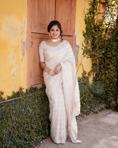 Amazing Off White Soft Silk Saree With Marvellous Blouse Piece