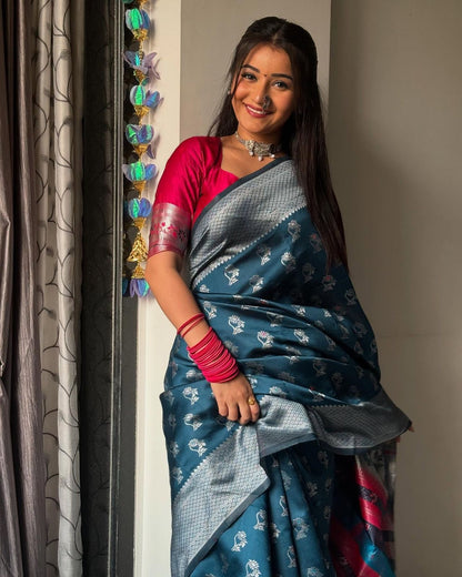 Wonderful Teal Blue Soft Silk Saree With Luminous Blouse Piece