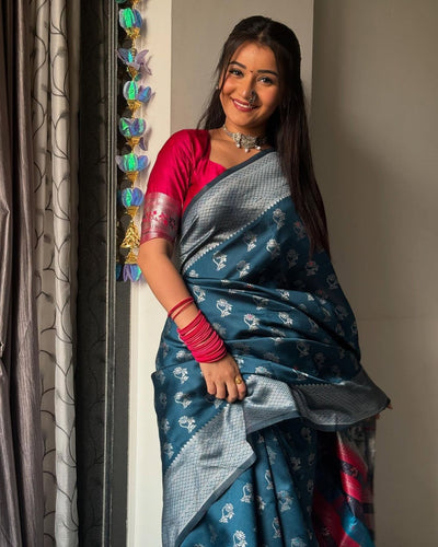 Wonderful Teal Blue Soft Silk Saree With Luminous Blouse Piece