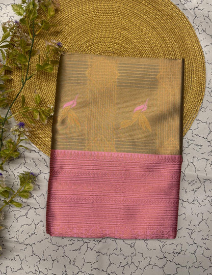 Glorious Beige Soft Banarasi Silk Saree With Pleasant Blouse Piece