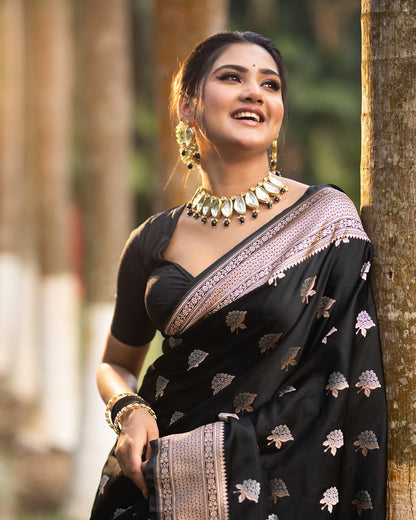 Nebula Black Soft Silk Saree With Epiphany Blouse Piece