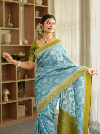 Devastating Sky Soft Silk Saree With Glamorous Blouse Piece