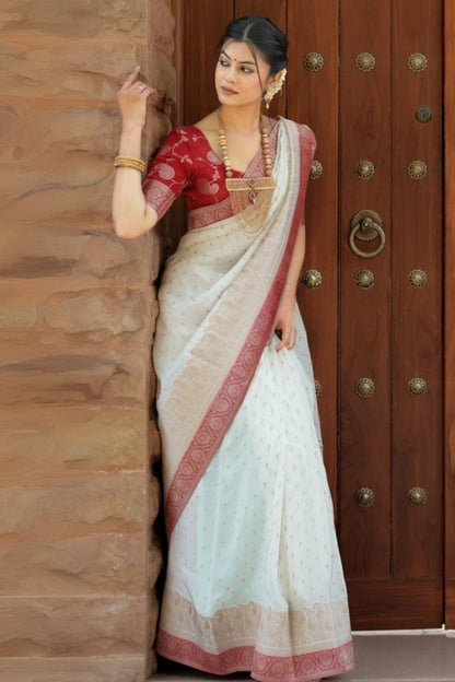 Admirable Off White Soft Silk Saree With Gossamer Blouse Piece
