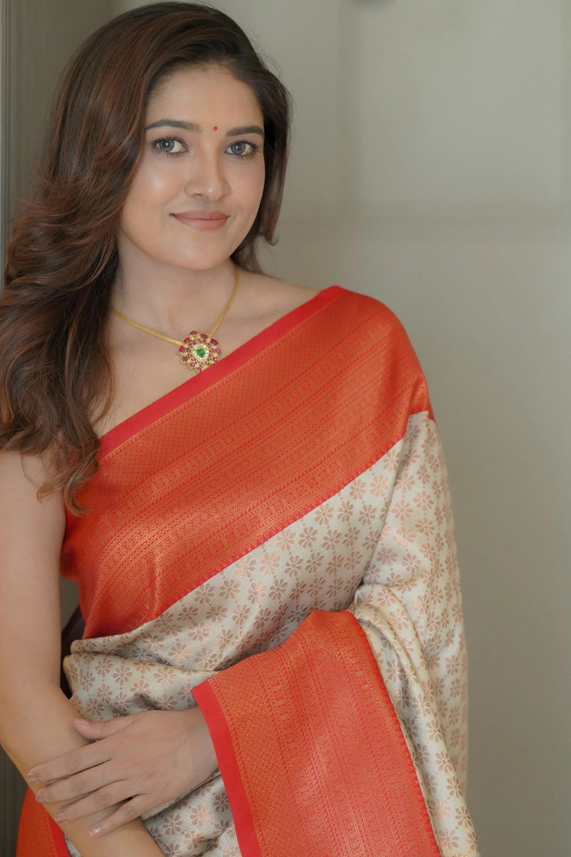 Petrichor Beige Soft Silk Saree With Fancifull Blouse Piece
