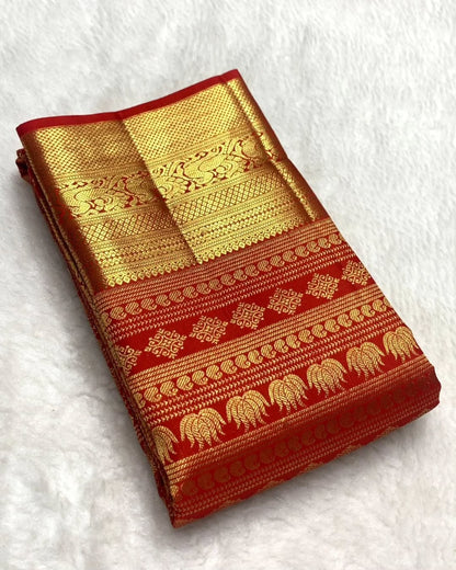 Ethnic Red Soft Banarasi Silk Saree With Prominent Blouse Piece