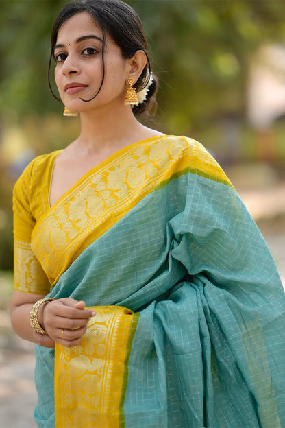 Ebullience Firozi Soft Silk Saree With Artistic Blouse Piece