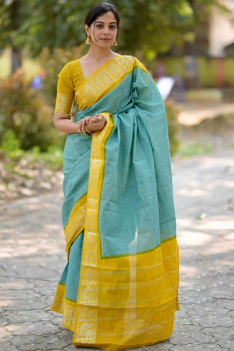 Ebullience Firozi Soft Silk Saree With Artistic Blouse Piece