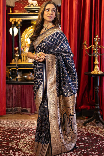Exemplary Navy Blue Soft Banarasi Silk Saree With Panoply Blouse Piece
