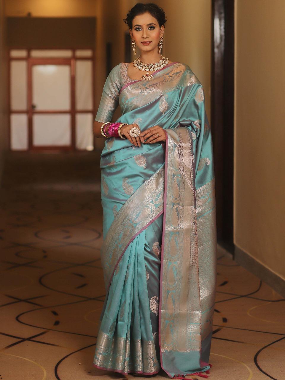 Scintillating Firozi Soft Banarasi Silk Saree With Preferable Blouse Piece