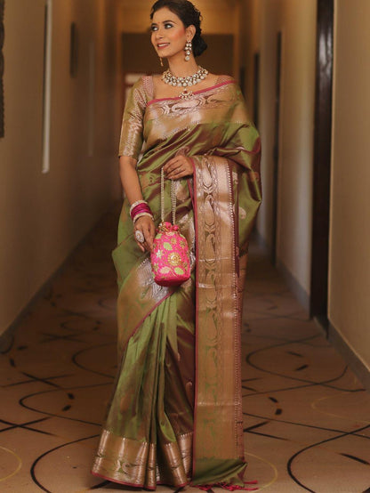 Enthralling Mehndi Soft Banarasi Silk Saree With Deserving Blouse Piece