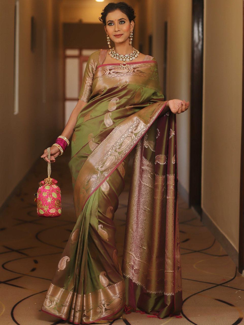Enthralling Mehndi Soft Banarasi Silk Saree With Deserving Blouse Piece