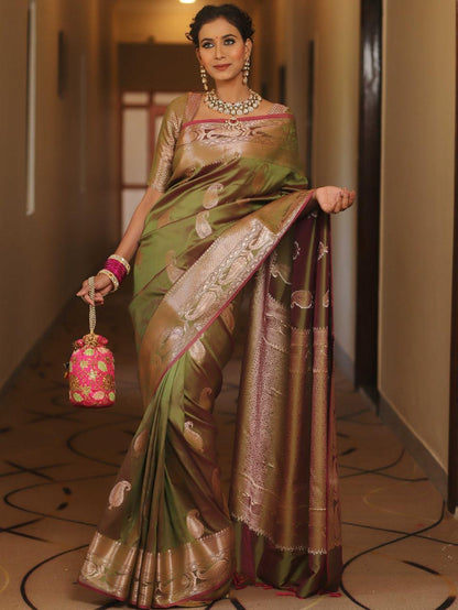 Enthralling Mehndi Soft Banarasi Silk Saree With Deserving Blouse Piece