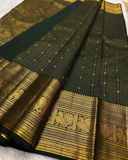Dark Green Soft Banarasi Silk Saree With Amiable Blouse Piece
