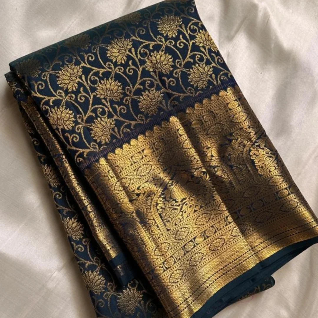 Divine Black Soft Banarasi Silk Saree With Delightful Blouse Piece