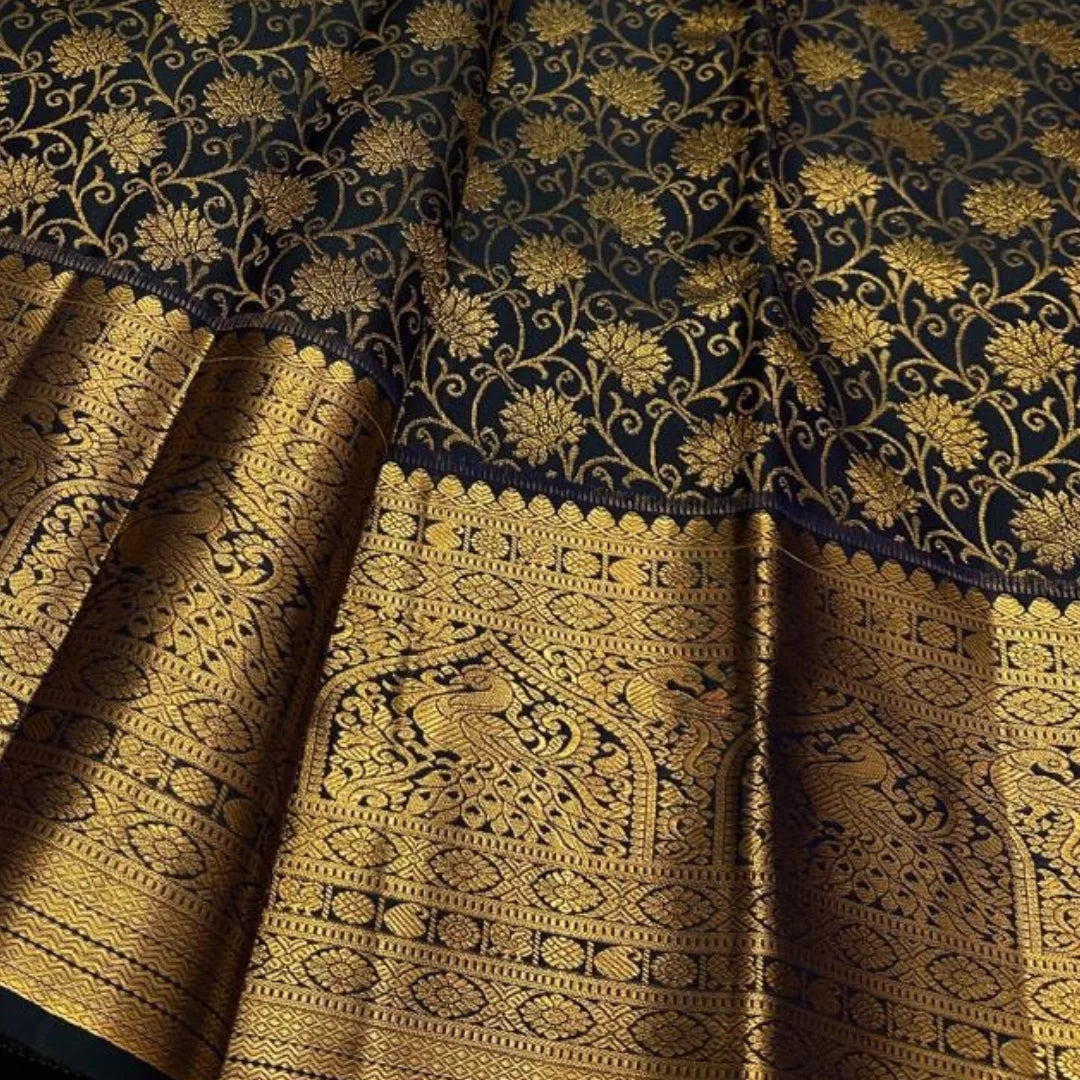 Divine Black Soft Banarasi Silk Saree With Delightful Blouse Piece
