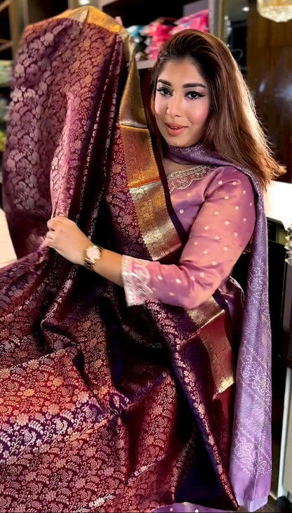 Vibrant Purple Soft Banarasi Silk Saree With Winsome Blouse Piece