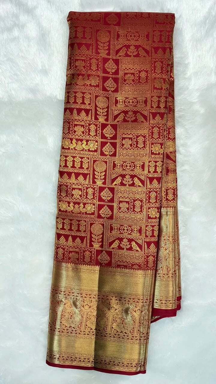 Vivacious Red Soft Banarasi Silk Saree With Petrichor Blouse Piece