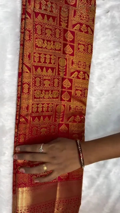 Vivacious Red Soft Banarasi Silk Saree With Petrichor Blouse Piece