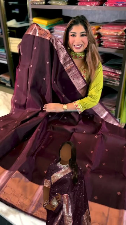 Jazzy Wine Soft Banarasi Silk Saree With Snazzy Blouse Piece