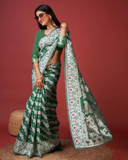 Enigmatic Green Cotton Silk Saree With Radiant Blouse Piece