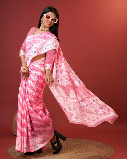 Embellished Pink Cotton Silk Saree With Opulent Blouse Piece