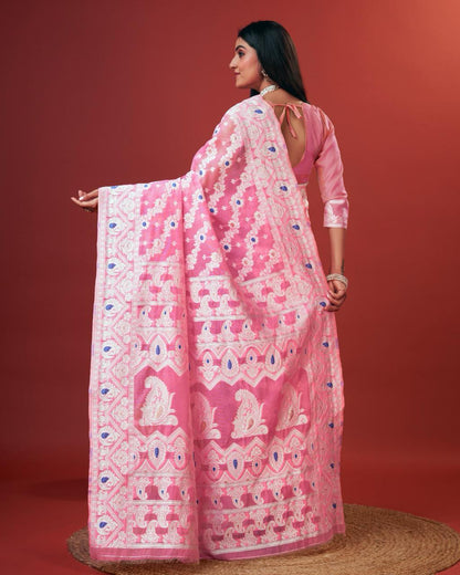 Embellished Pink Cotton Silk Saree With Opulent Blouse Piece