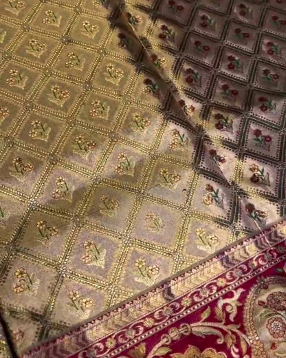 Akhila - Gold Semi Kanchipuram Saree with Floral Checks and Red Zari Border
