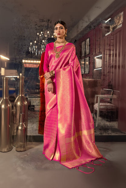 Amazing Orange Kanjivaram Silk Saree With Girlish Blouse Piece
