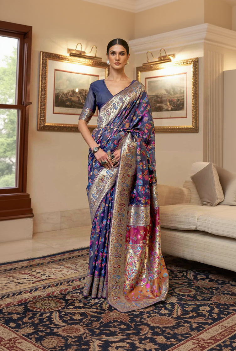 Exuberant Firozi Pashmina saree With Ratatouille Blouse Piece