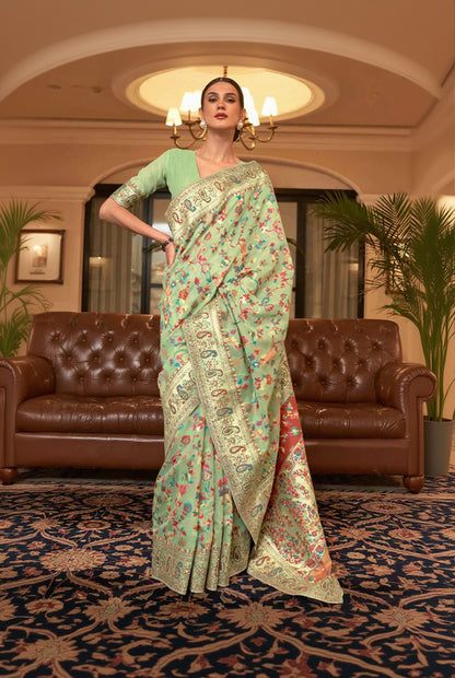 Exuberant Firozi Pashmina saree With Ratatouille Blouse Piece
