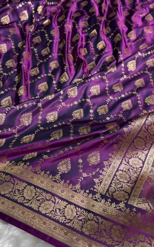 Royal Purple Satin Silk Saree with Elegant Golden Zari Floral Weaving