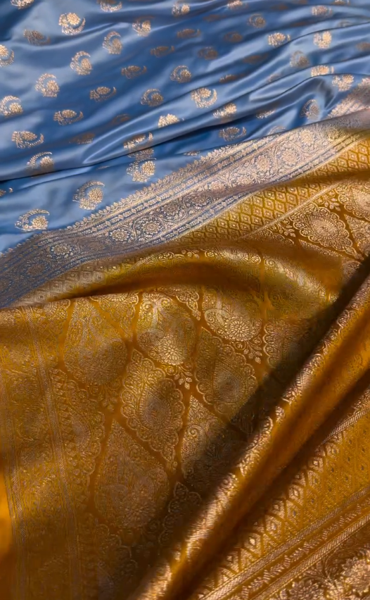 Royal Blue Satin Silk Saree with Exquisite Golden Zari Border and Paisley Weaving