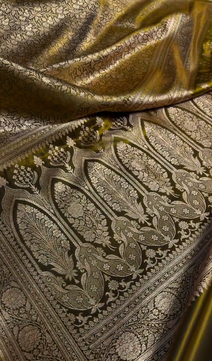 Radiant Golden Satin Silk Saree with All-Over Floral Zari Weaving